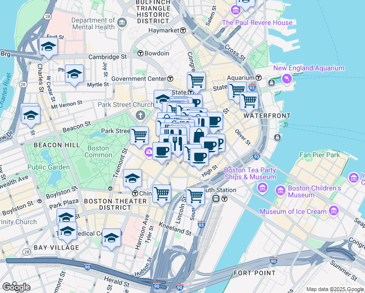 map of restaurants, bars, coffee shops, grocery stores, and more near 75 Arch Street in Boston