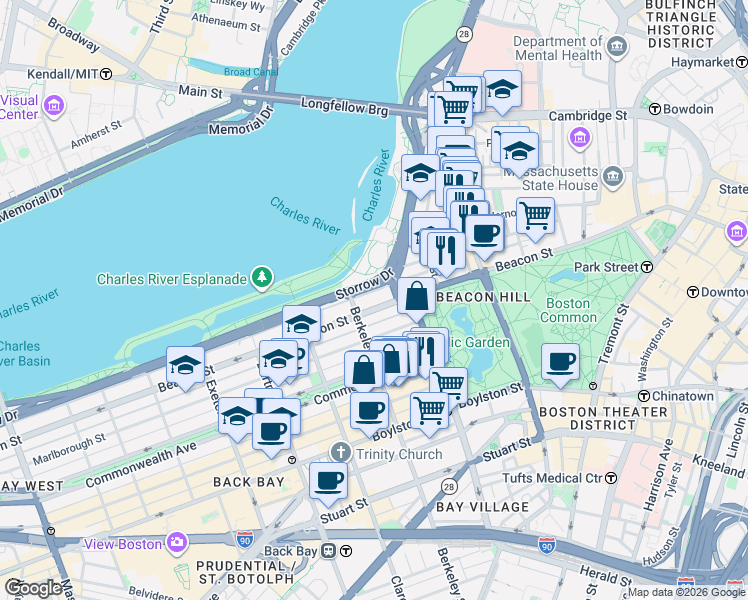map of restaurants, bars, coffee shops, grocery stores, and more near 122 Beacon Street in Boston