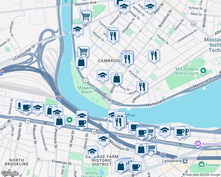 map of restaurants, bars, coffee shops, grocery stores, and more near 5 Granite Street in Cambridge