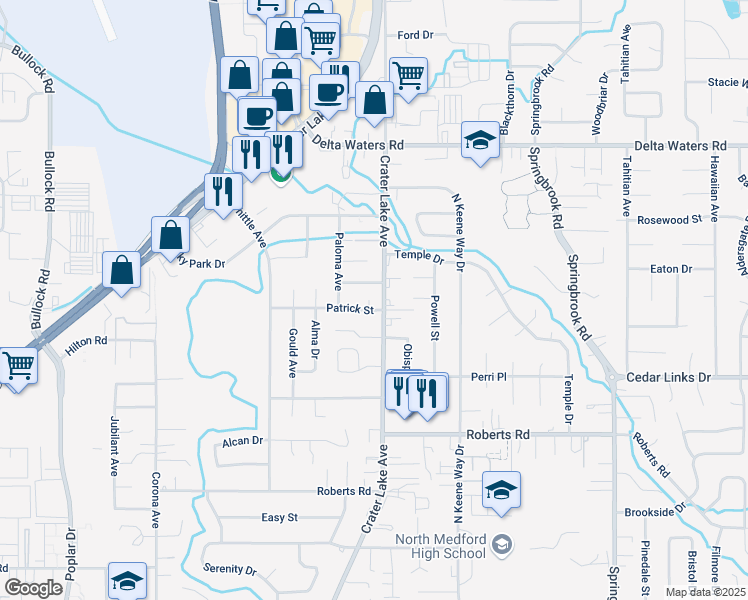 map of restaurants, bars, coffee shops, grocery stores, and more near 2623 Crater Lake Avenue in Medford