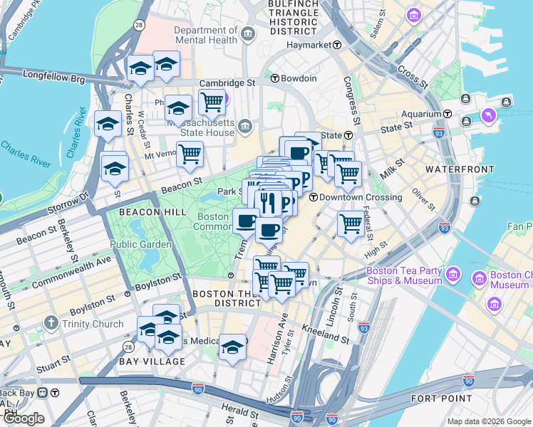 map of restaurants, bars, coffee shops, grocery stores, and more near 21 Temple Place in Boston