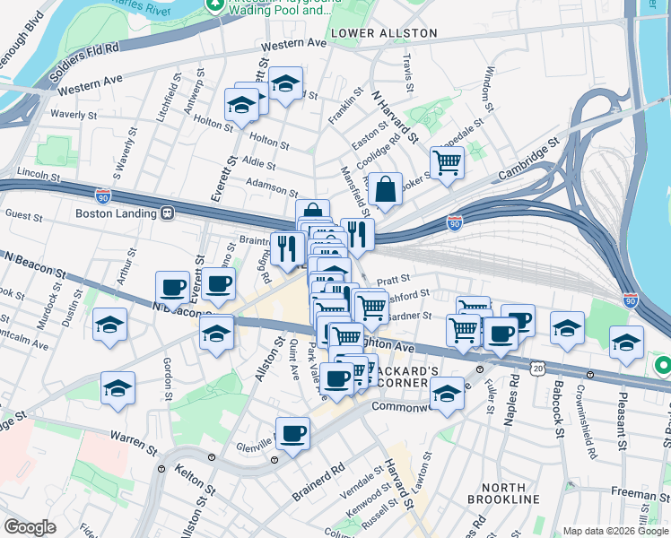 map of restaurants, bars, coffee shops, grocery stores, and more near 16 Highgate Street in Boston