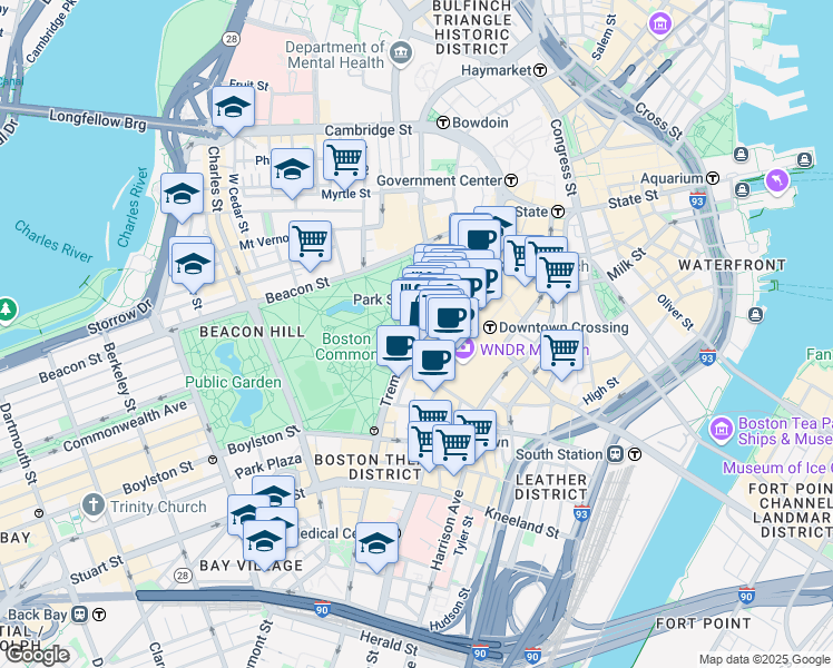 map of restaurants, bars, coffee shops, grocery stores, and more near 140 Tremont Street in Boston