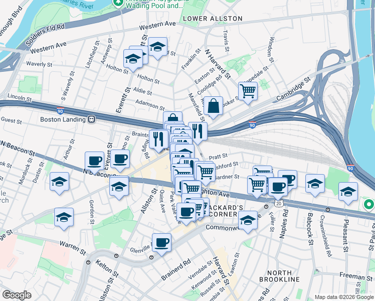map of restaurants, bars, coffee shops, grocery stores, and more near 16 Highgate Street in Boston