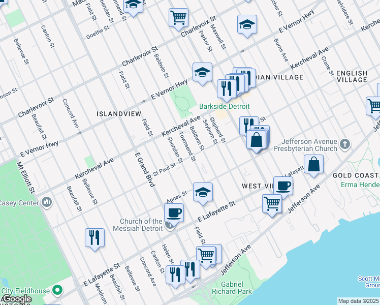 map of restaurants, bars, coffee shops, grocery stores, and more near 1714 Townsend St in Detroit