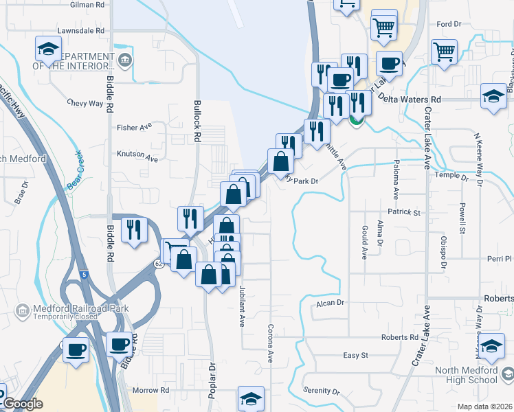 map of restaurants, bars, coffee shops, grocery stores, and more near 2686 Crater Lake Highway in Medford