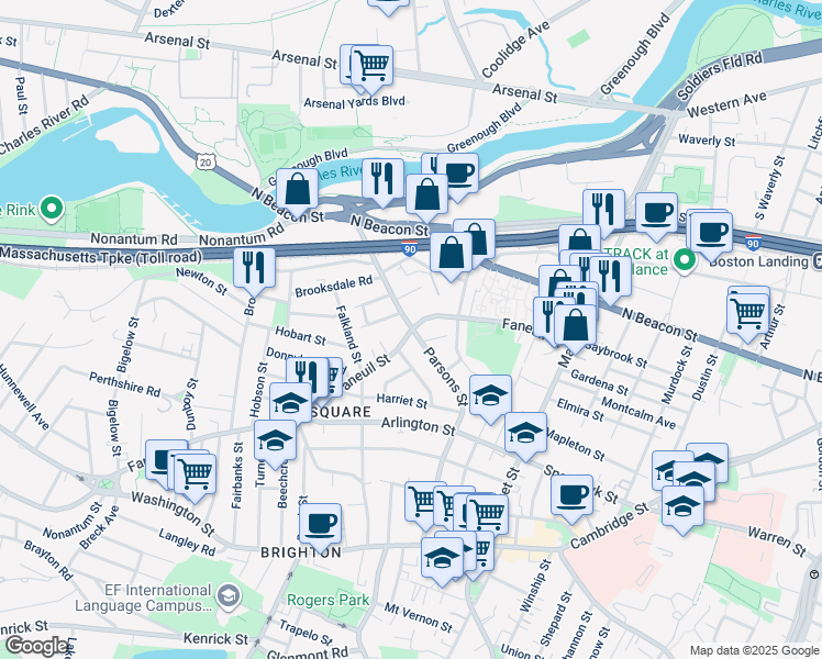 map of restaurants, bars, coffee shops, grocery stores, and more near Faneuil St & Parsons St in Boston
