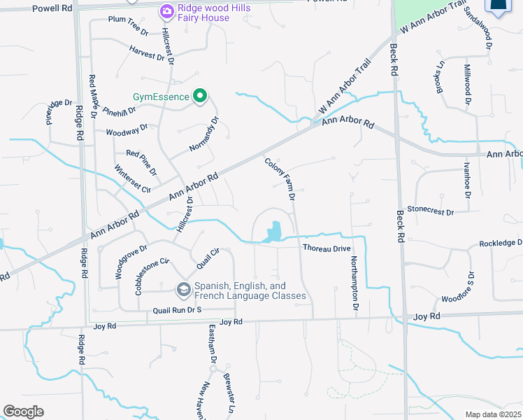 map of restaurants, bars, coffee shops, grocery stores, and more near 48080 Colony Farm Circle in Plymouth