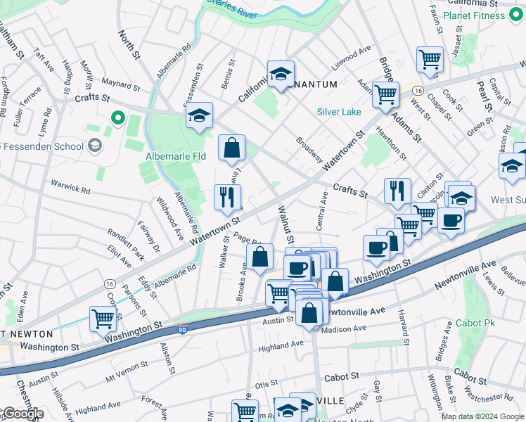 map of restaurants, bars, coffee shops, grocery stores, and more near 616 Watertown Street in Newton