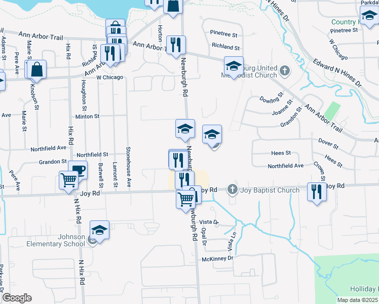 map of restaurants, bars, coffee shops, grocery stores, and more near 8910 Newburgh Road in Livonia