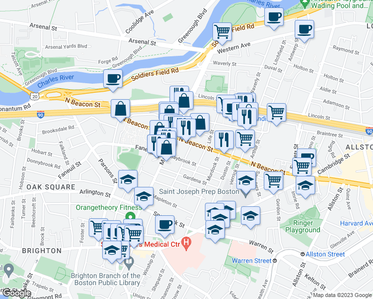 map of restaurants, bars, coffee shops, grocery stores, and more near 9 Glencoe Street in Boston