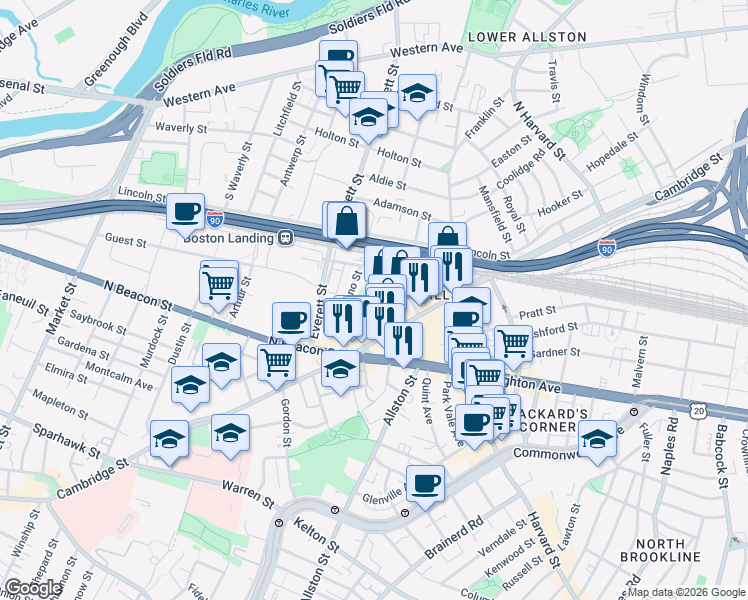 map of restaurants, bars, coffee shops, grocery stores, and more near 30 Penniman Road in Boston
