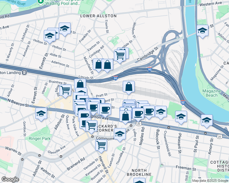 map of restaurants, bars, coffee shops, grocery stores, and more near 44 Pratt Street in Boston