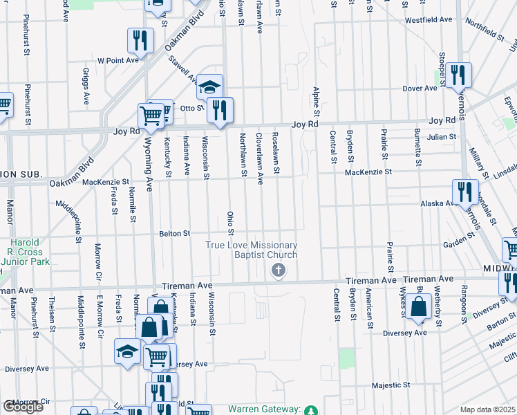 map of restaurants, bars, coffee shops, grocery stores, and more near 8271 Cloverlawn Avenue in Detroit