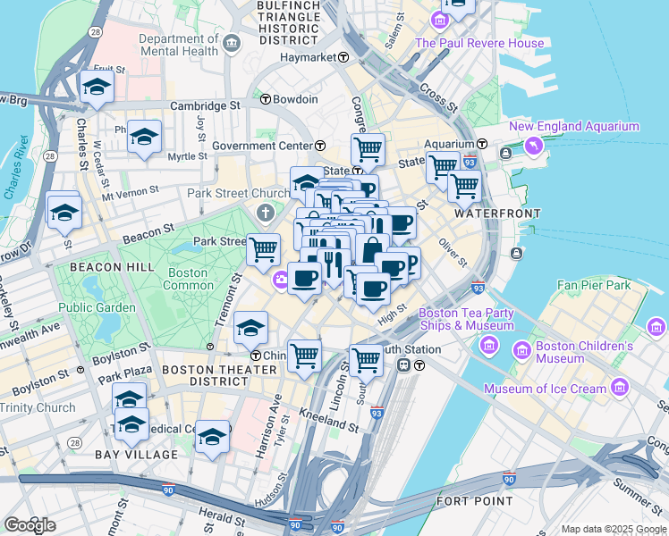 map of restaurants, bars, coffee shops, grocery stores, and more near 75 Arch Street in Boston