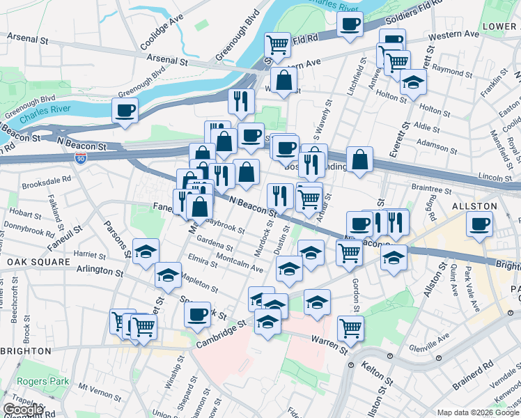 map of restaurants, bars, coffee shops, grocery stores, and more near 160 North Beacon Street in Boston
