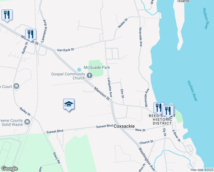 map of restaurants, bars, coffee shops, grocery stores, and more near 24 Lafayette Avenue in Coxsackie