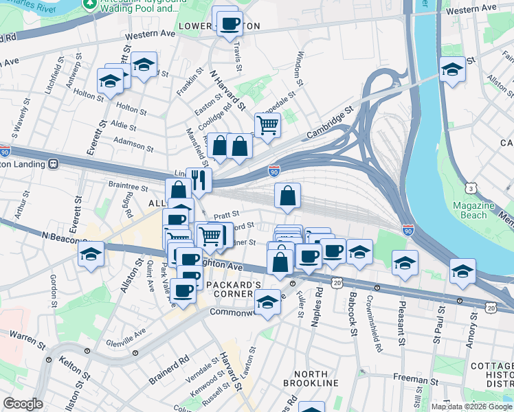 map of restaurants, bars, coffee shops, grocery stores, and more near 46 Pratt Street in Boston