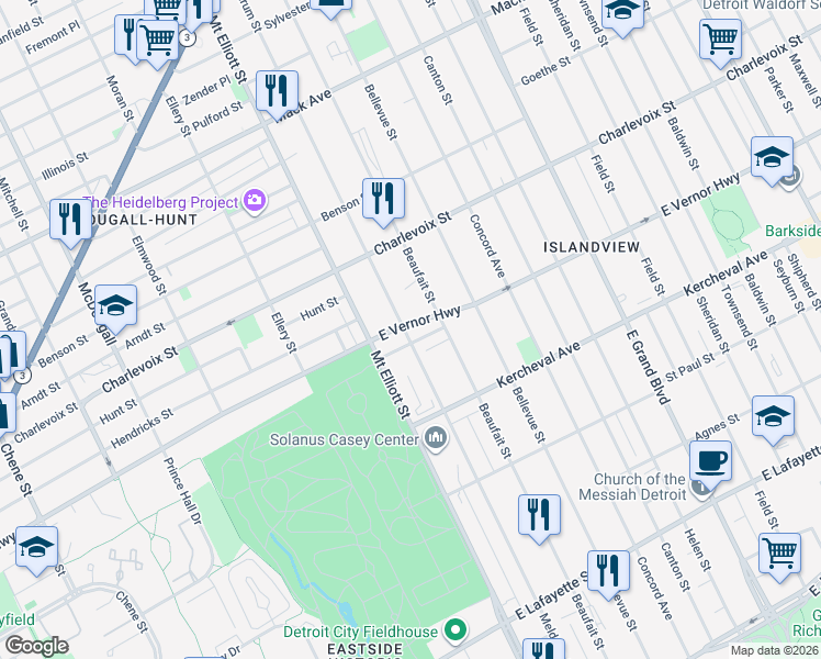 map of restaurants, bars, coffee shops, grocery stores, and more near 3674 East Vernor Highway in Detroit