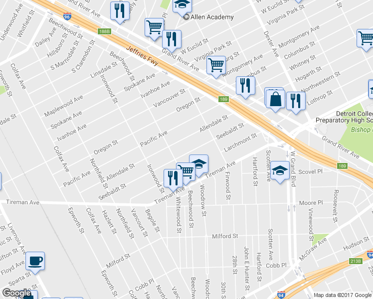 map of restaurants, bars, coffee shops, grocery stores, and more near 4634 Seebaldt Street in Detroit