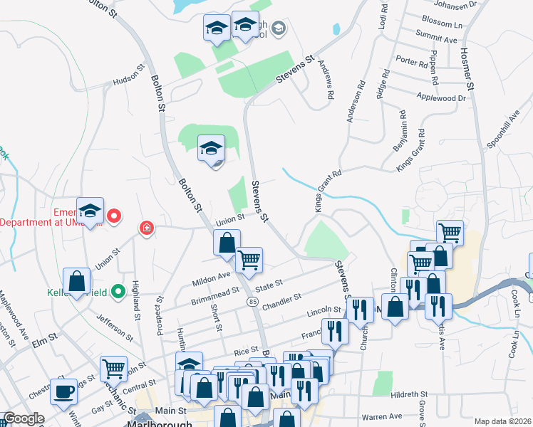 map of restaurants, bars, coffee shops, grocery stores, and more near 187 Stevens Street in Marlborough