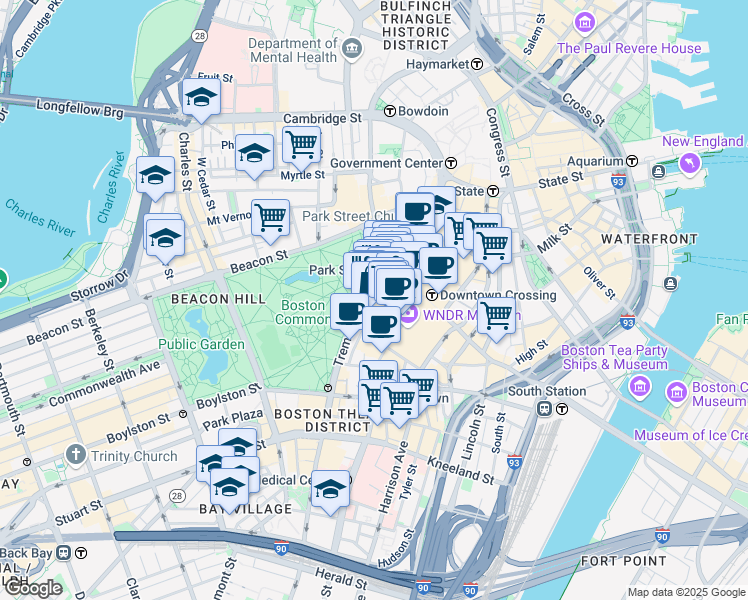map of restaurants, bars, coffee shops, grocery stores, and more near 10 Temple Place in Boston