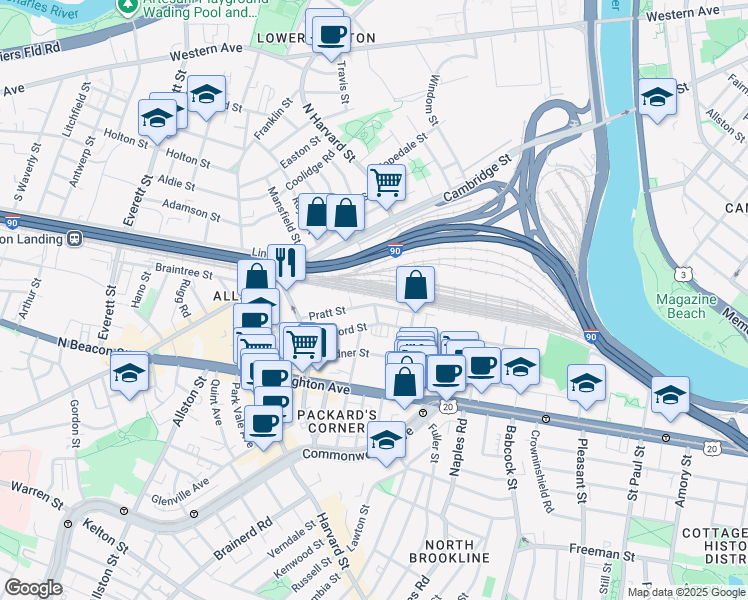 map of restaurants, bars, coffee shops, grocery stores, and more near 4 Wadsworth Street in Boston