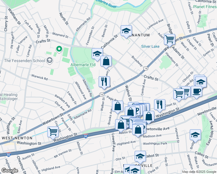 map of restaurants, bars, coffee shops, grocery stores, and more near 629 Watertown Street in Newton