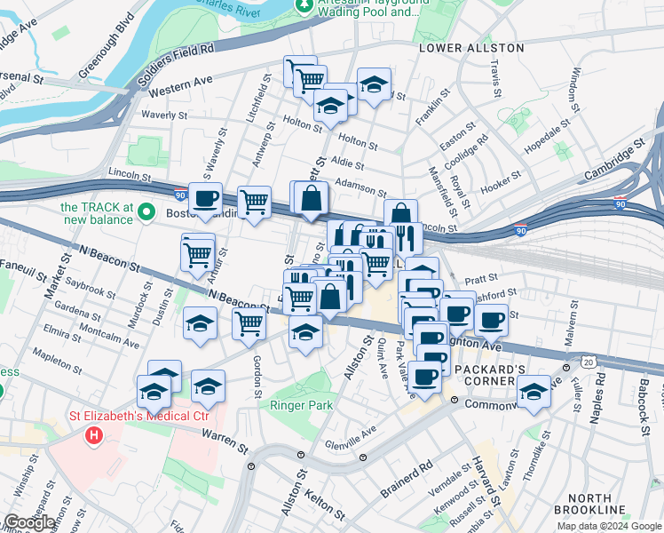 map of restaurants, bars, coffee shops, grocery stores, and more near 32 Rugg Road in Boston