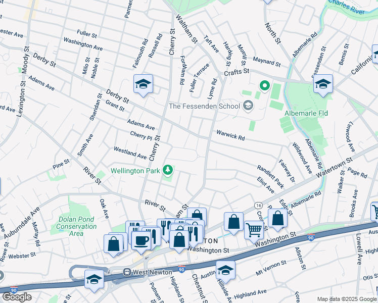 map of restaurants, bars, coffee shops, grocery stores, and more near 34 North Gate Park in Newton