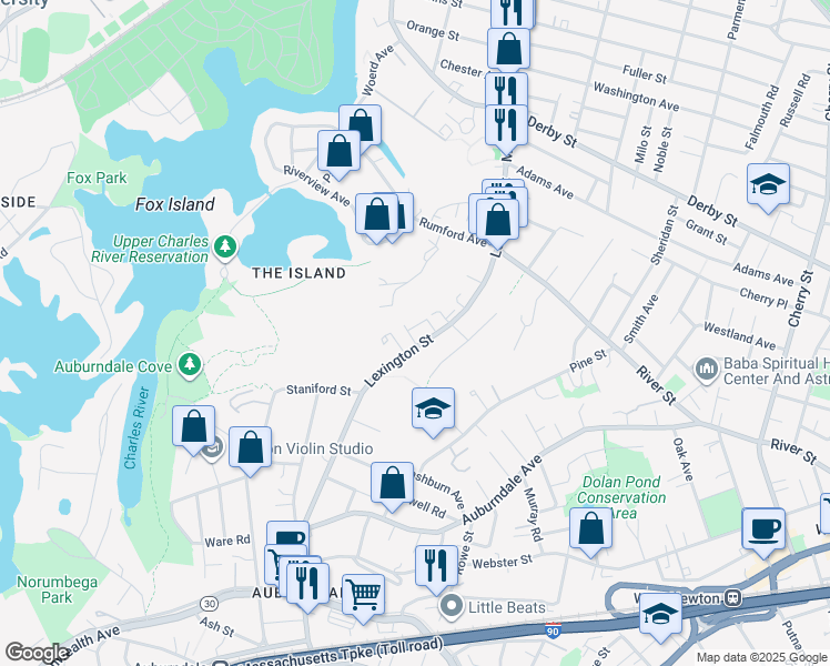 map of restaurants, bars, coffee shops, grocery stores, and more near in Newton