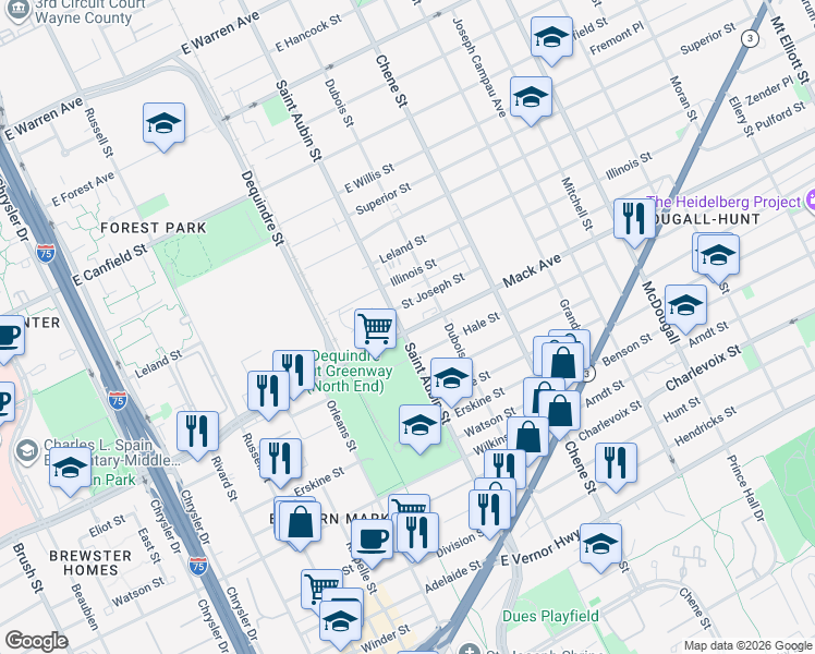 map of restaurants, bars, coffee shops, grocery stores, and more near 3627 Saint Aubin Street in Detroit