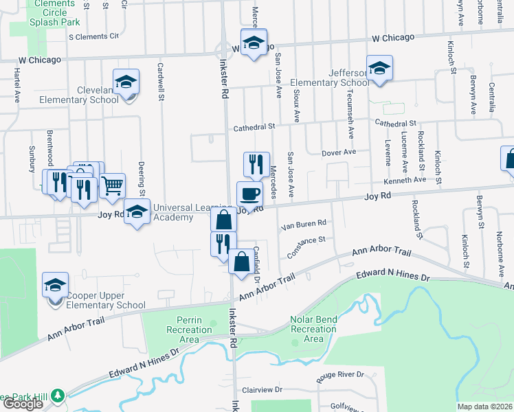 map of restaurants, bars, coffee shops, grocery stores, and more near 27282 Joy Road in Redford Charter Township