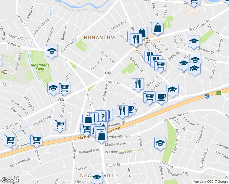 map of restaurants, bars, coffee shops, grocery stores, and more near 66 Prescott Street in Newton