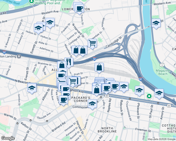 map of restaurants, bars, coffee shops, grocery stores, and more near 4 Wadsworth Street in Boston