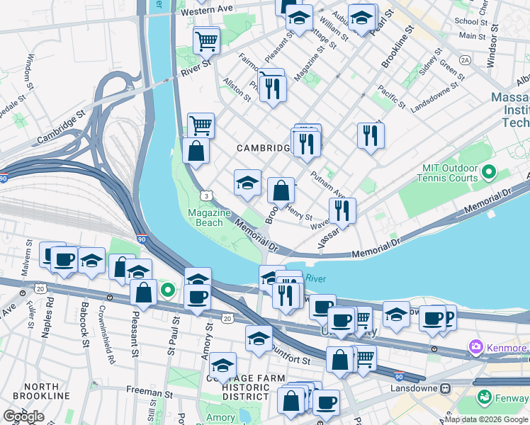 map of restaurants, bars, coffee shops, grocery stores, and more near 57 Granite Street in Cambridge