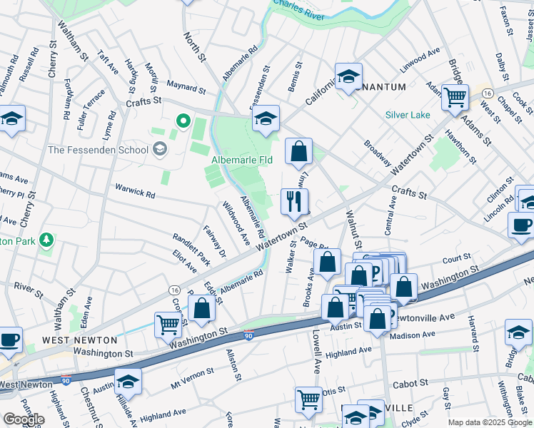 map of restaurants, bars, coffee shops, grocery stores, and more near 290 Albemarle Road in Newton