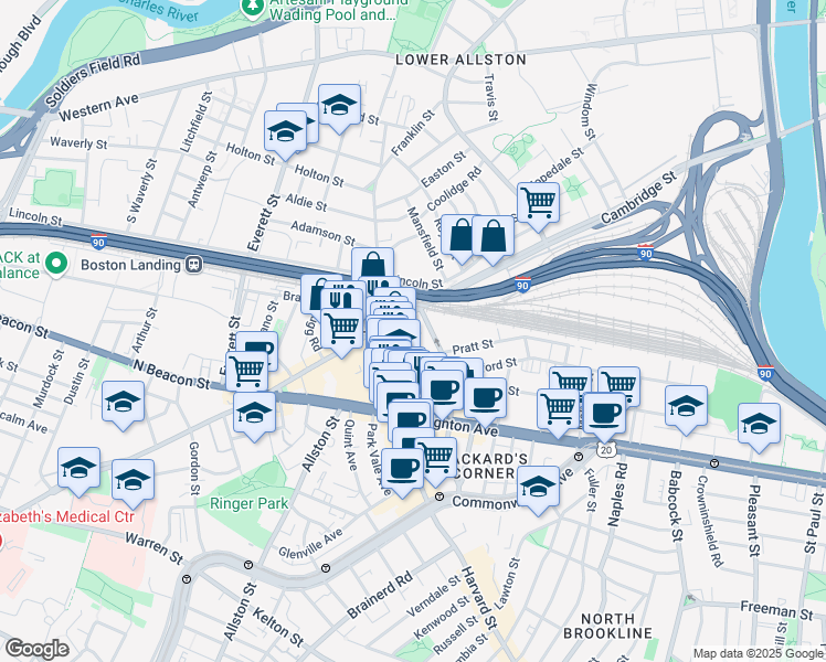 map of restaurants, bars, coffee shops, grocery stores, and more near 16 Highgate Street in Boston