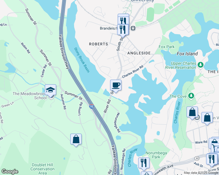 map of restaurants, bars, coffee shops, grocery stores, and more near 751 South Street in Waltham