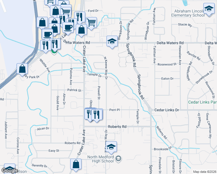 map of restaurants, bars, coffee shops, grocery stores, and more near 2577 Lausanne Circle in Medford