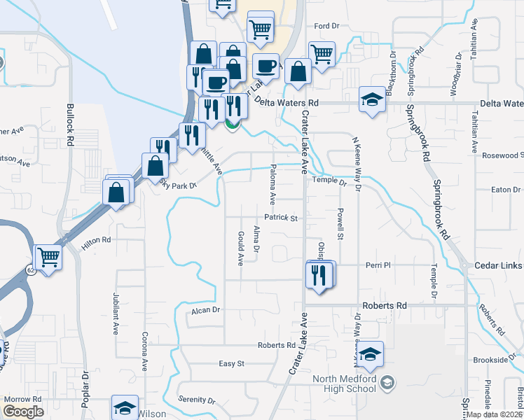 map of restaurants, bars, coffee shops, grocery stores, and more near 2555 Alma Drive in Medford