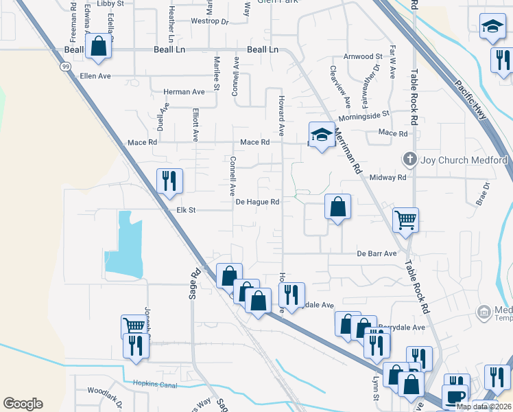 map of restaurants, bars, coffee shops, grocery stores, and more near 176 De Hague Road in Medford