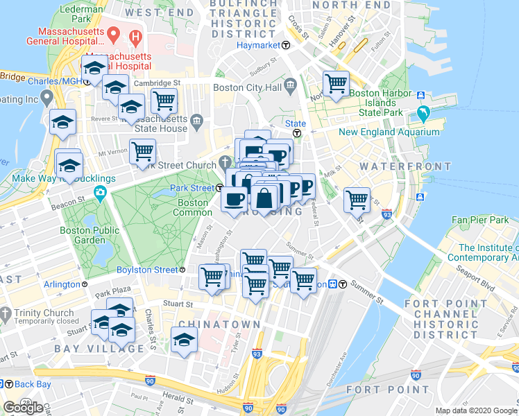 map of restaurants, bars, coffee shops, grocery stores, and more near 10 Summer Street in Boston