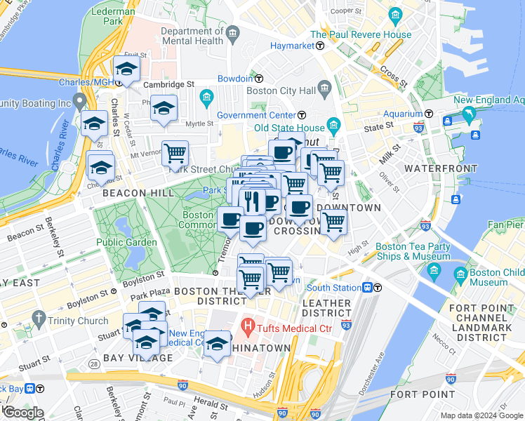 map of restaurants, bars, coffee shops, grocery stores, and more near 10 Temple Place in Boston