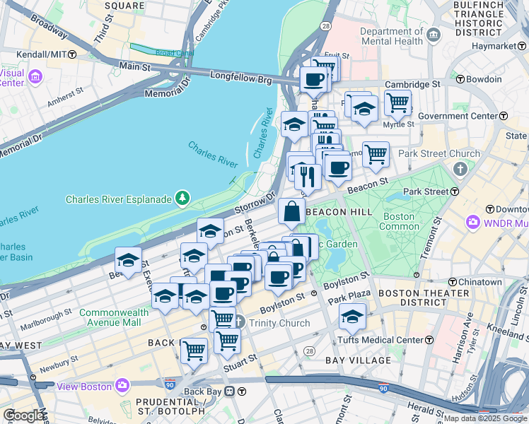map of restaurants, bars, coffee shops, grocery stores, and more near 122 Beacon Street in Boston
