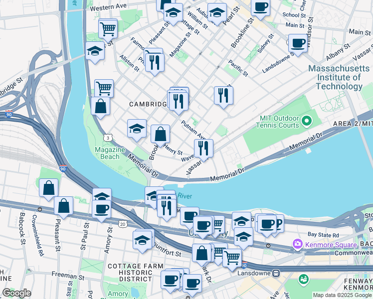 map of restaurants, bars, coffee shops, grocery stores, and more near 278 Sidney Street in Cambridge