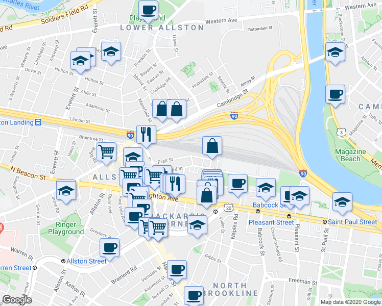 map of restaurants, bars, coffee shops, grocery stores, and more near 4 Wadsworth Street in Boston