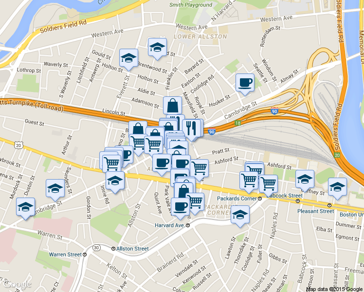map of restaurants, bars, coffee shops, grocery stores, and more near 16 Highgate Street in Boston