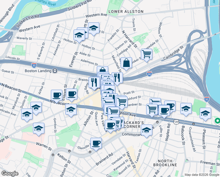 map of restaurants, bars, coffee shops, grocery stores, and more near 16 Highgate Street in Boston