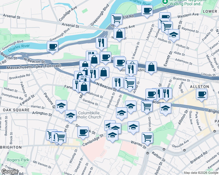 map of restaurants, bars, coffee shops, grocery stores, and more near 160 North Beacon Street in Boston